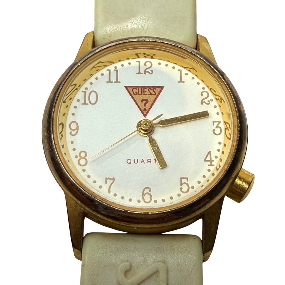 Vintage 1989 Guess Watch Gold Tone White Dial Cream Rubber‎ Strap Quartz Analog